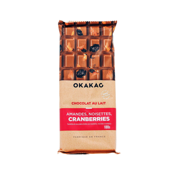 CHOCOLAT LAIT AMANDES, NOISETTES, CRANBERRIES 180G OKAKAO 180 G